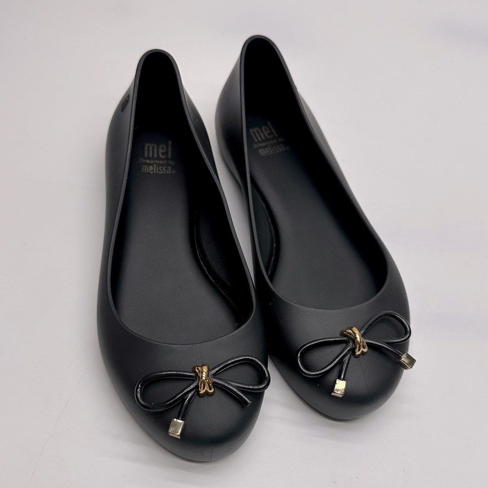 Mel dreamed by‎ Melissa Black Flats w/ Gold Bow Accent little girls size 1 (S58)